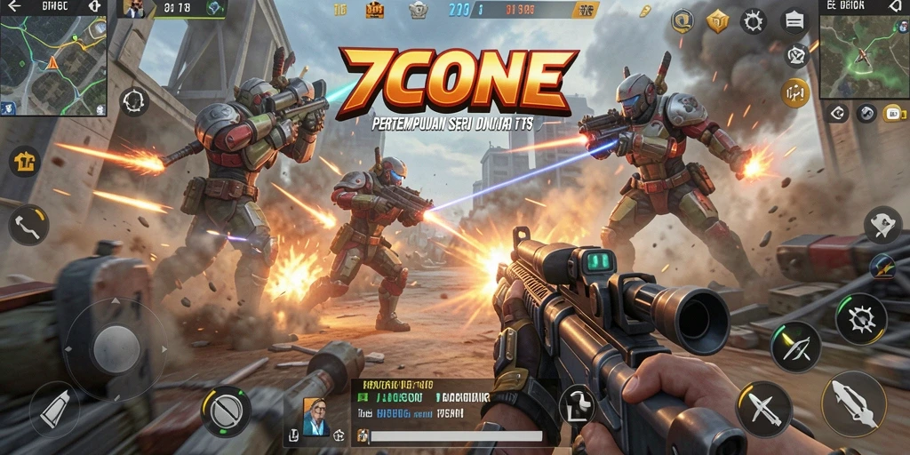 Screenshot gameplay menampilkan pertempuran intens di <strong>7CONE</strong>.