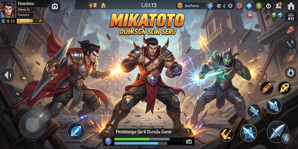 Tampak aksi pertarungan penuh di MIKATOTO dengan karakter-karakter unik.