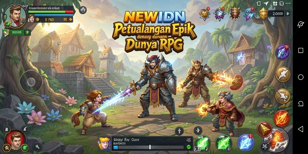 Screenshot gameplay NEWIDN menampilkan pertarungan epik di dunia fantasi.