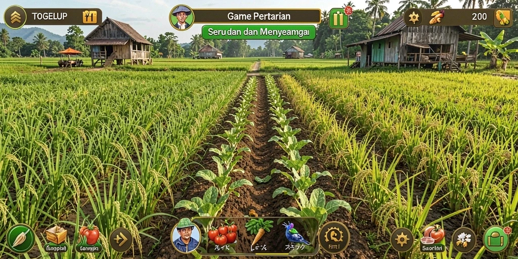 Screenshot gameplay TOGELUP menunjukkan suasana pertanian yang ceria dan interaktif.